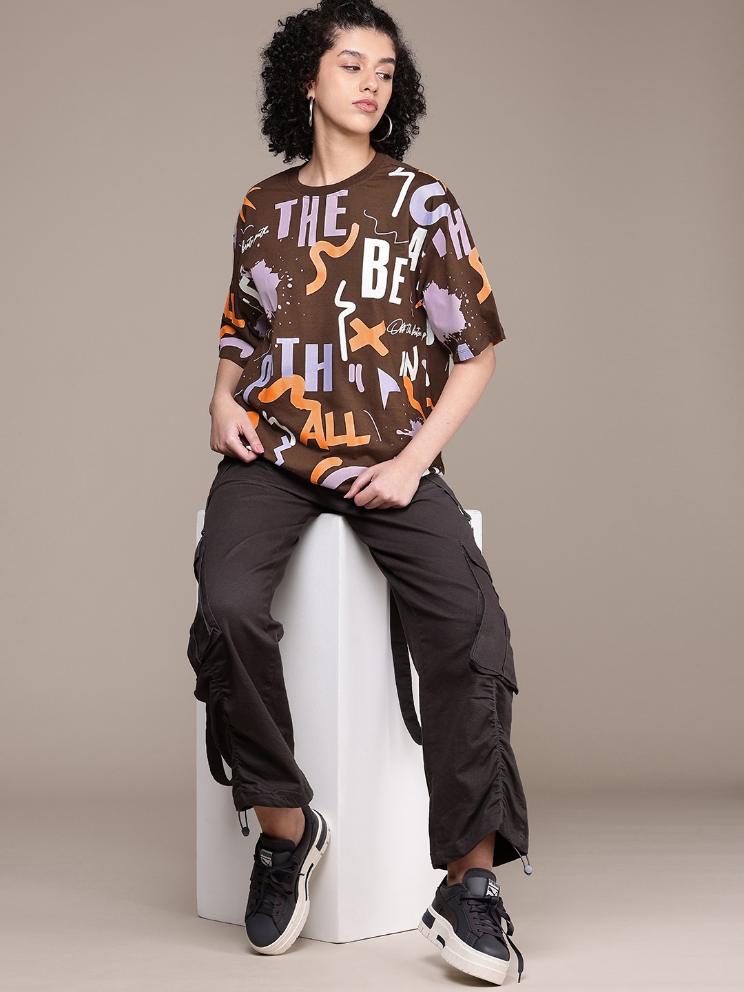 

The Roadster Life Co. Printed Drop-Shoulder Sleeves Pure Cotton Oversized T-shirt, Brown