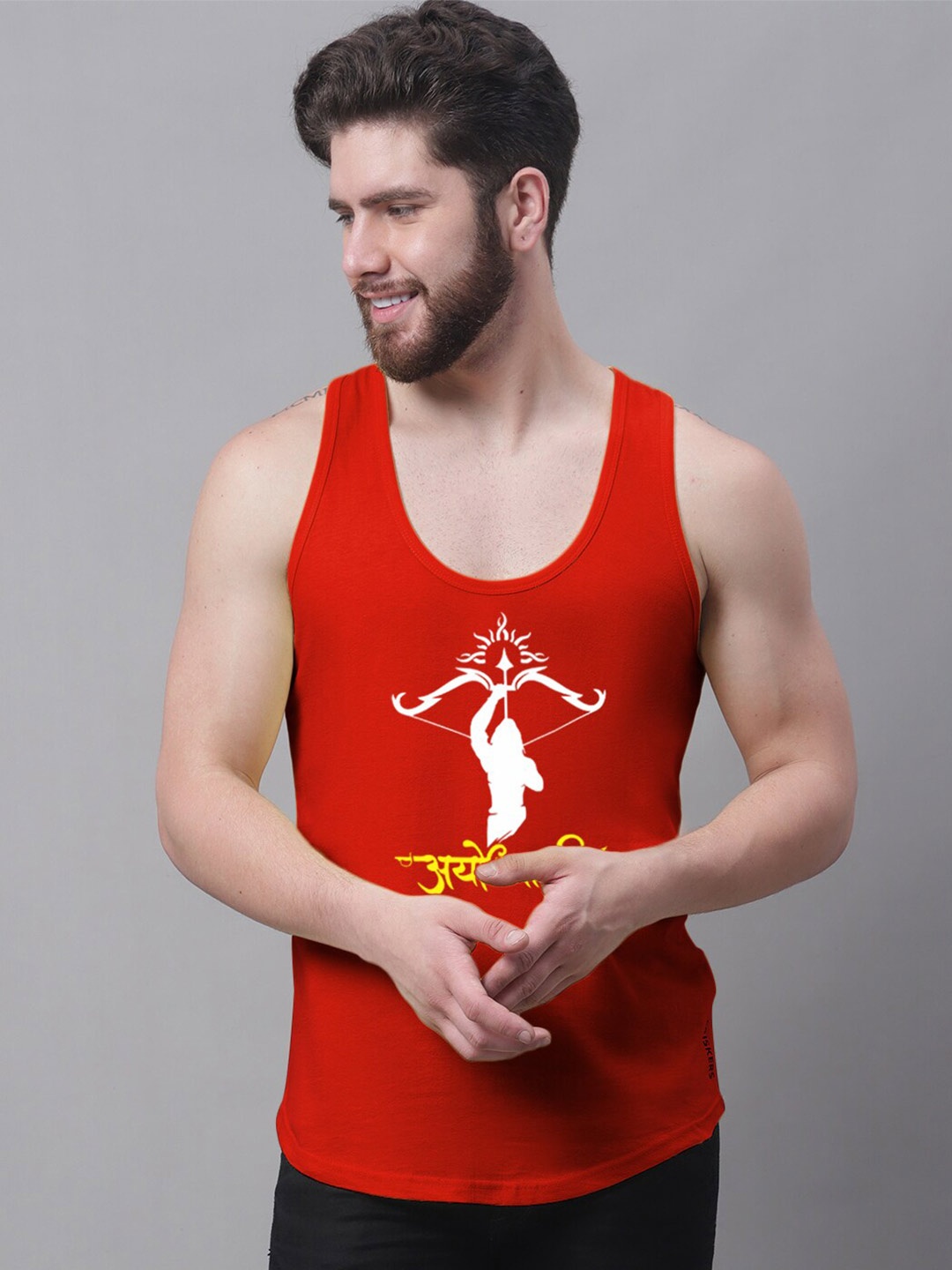 

Friskers Printed Scoop Neck Sleeveless Pure Cotton Gym Vest, Red