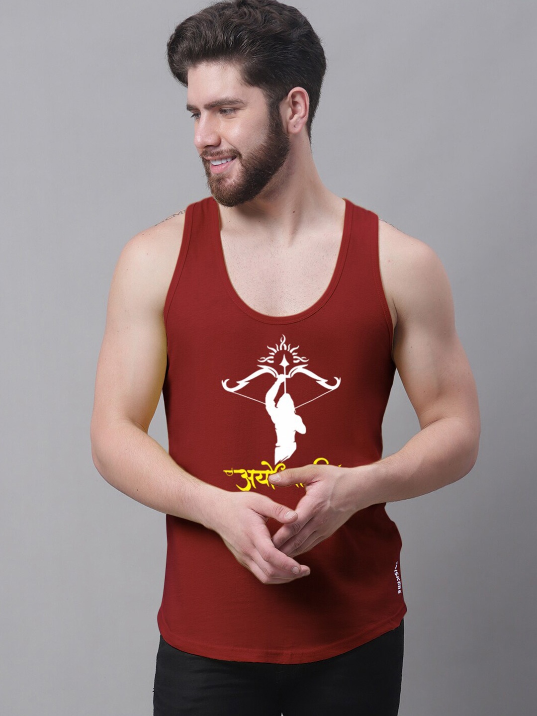 

Friskers Printed Scoop Neck Sleeveless Pure Cotton Gym Vest, Maroon