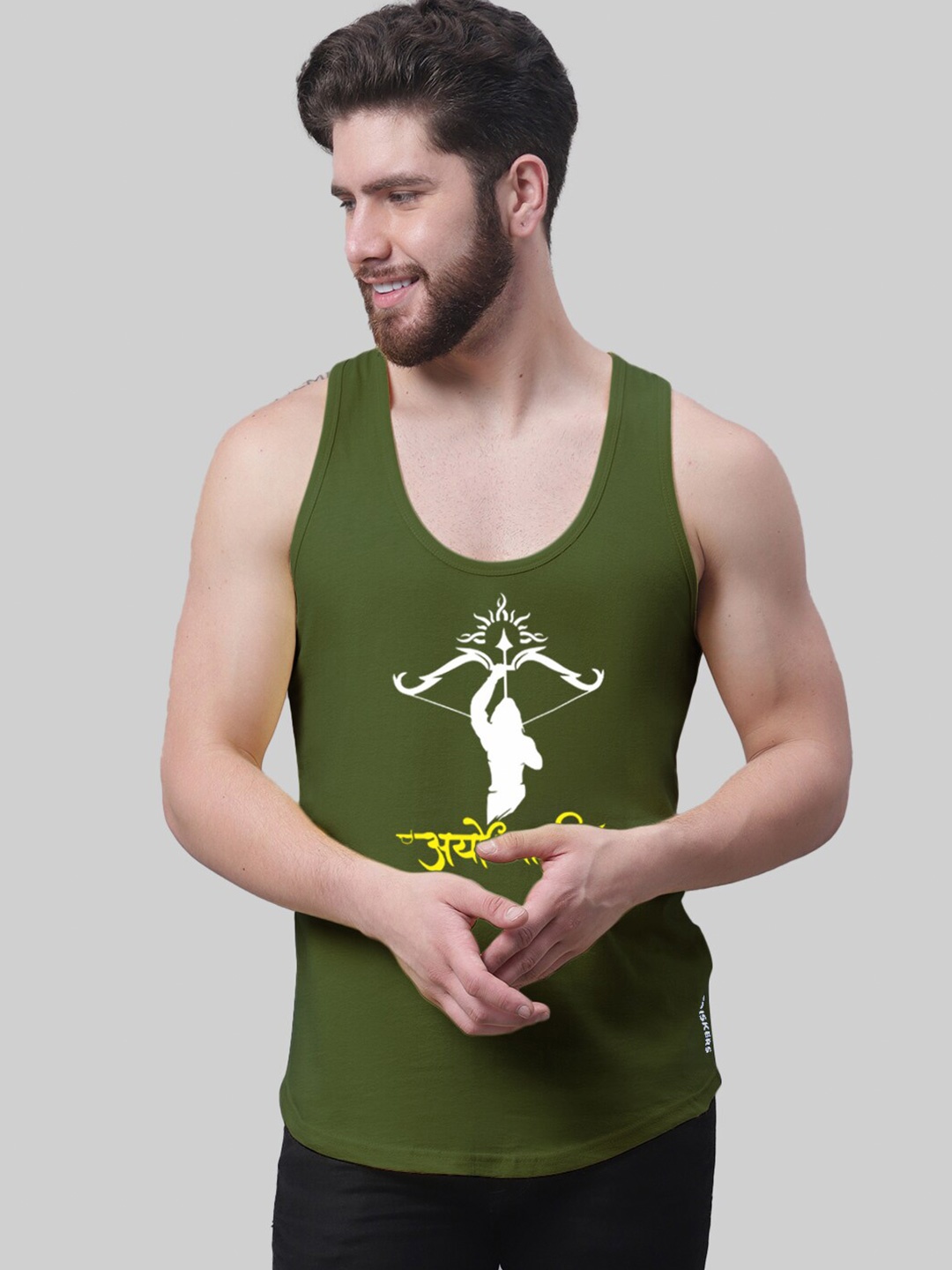 

Friskers Printed Scoop Neck Sleeveless Pure Cotton Gym Vest, Olive