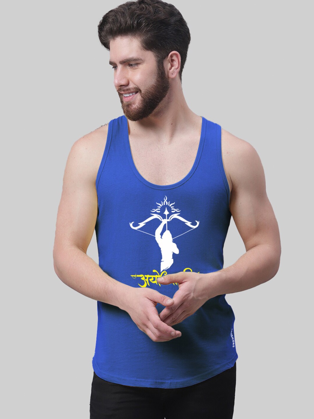 

Friskers Printed Scoop Neck Sleeveless Pure Cotton Gym Vest, Blue