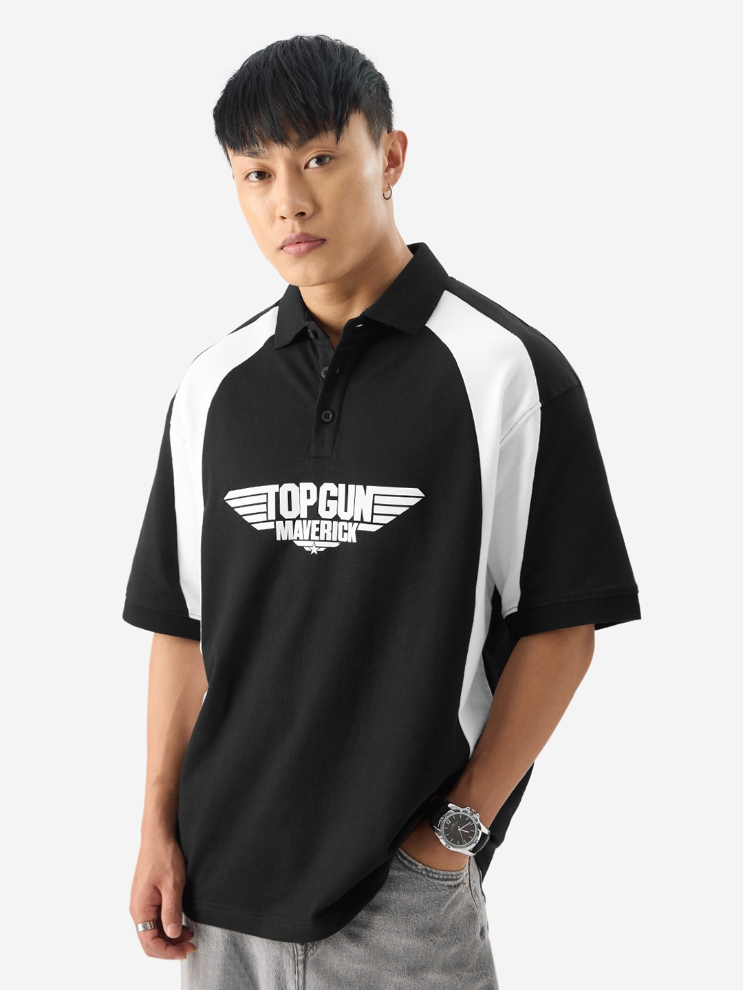 

The Souled Store Maverick Printed Oversized Polo Collar T-shirt, Black