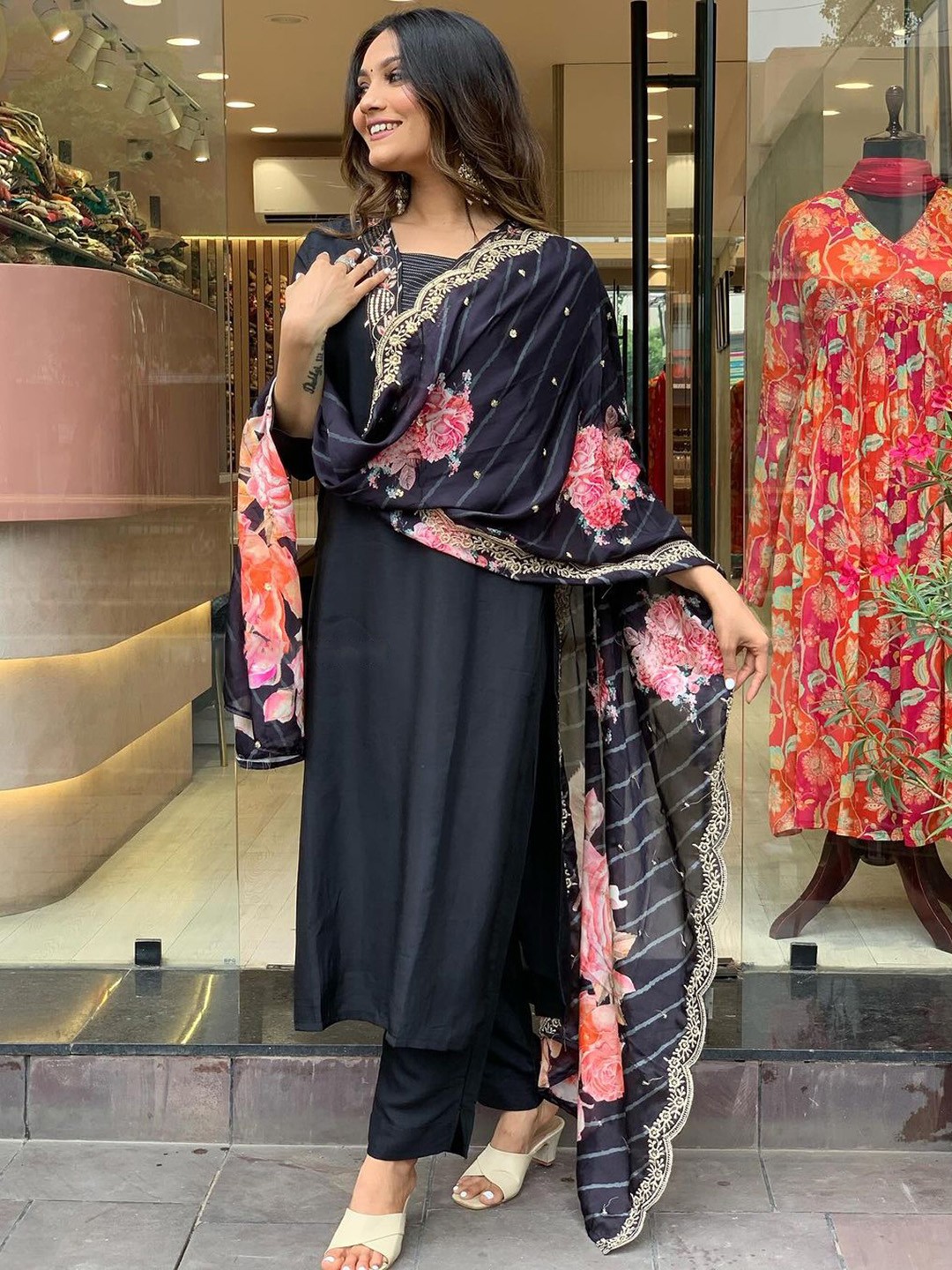 

KALINI Floral Embroidered Sequined Kurta with Trousers & Dupatta, Black