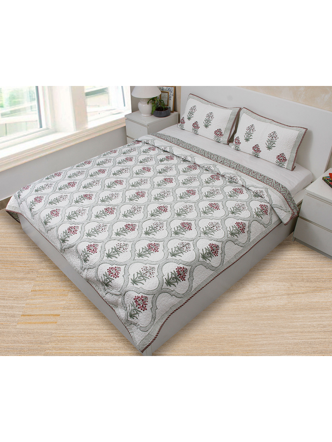 

COCOBEE HOME LINENS Green & Grey Floral 350 TC Pure Cotton Double King Bed Cover Set