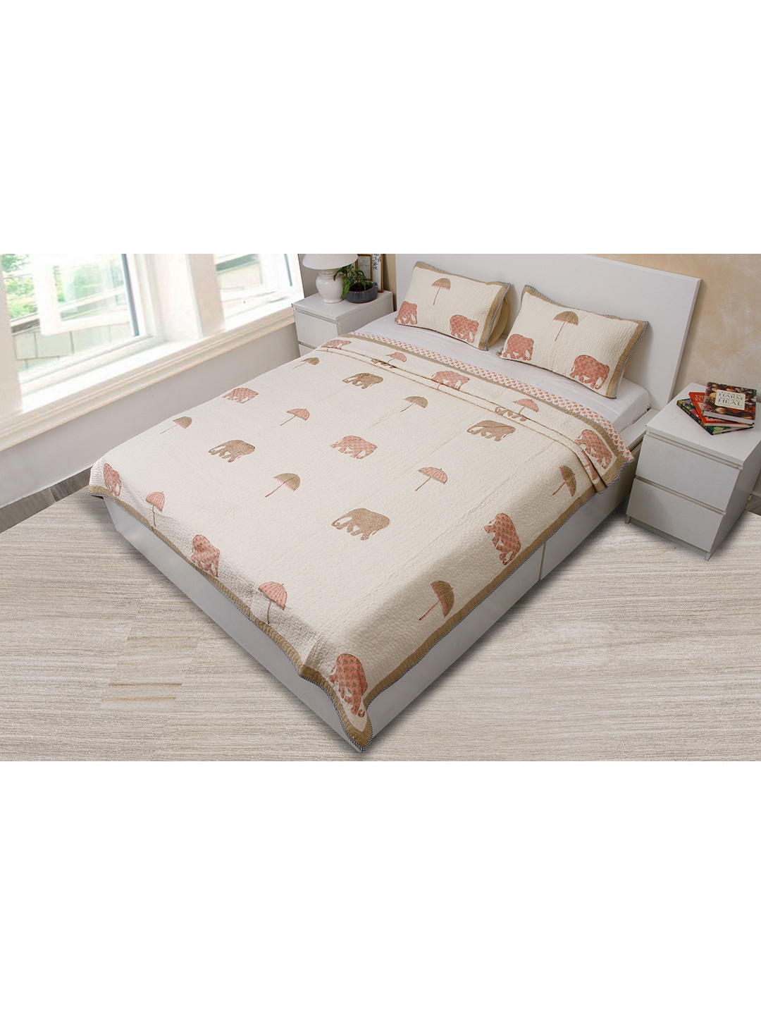 

COCOBEE HOME LINENS Beige Pink Ethnic Motifs 350 TC Pure Cotton Double King Bed Cover Set