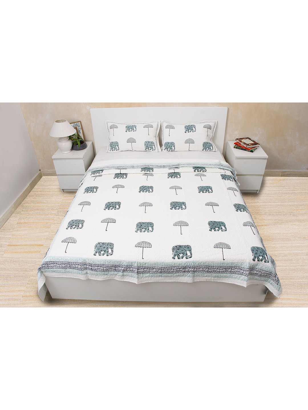 

COCOBEE HOME LINENS White Green Ethnic Motifs 350 TC Cotton Double King Bed Cover Set