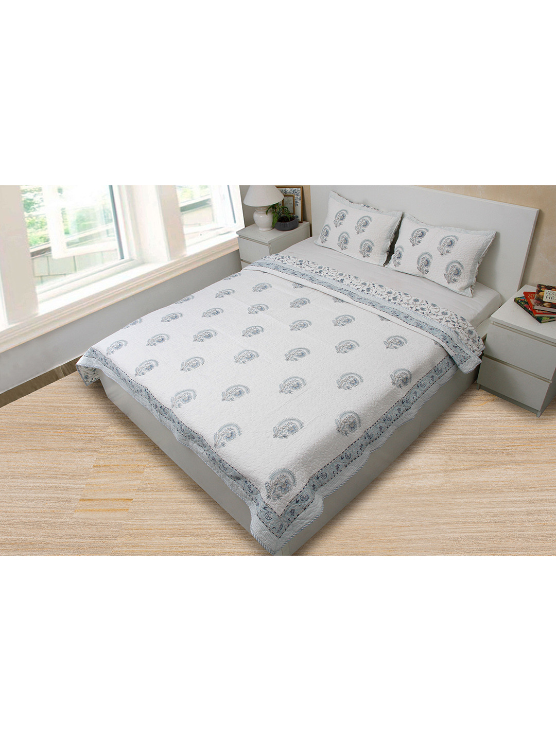 

COCOBEE HOME LINENS Blue Floral 350TC Double King Pure Cotton Bed Cover & 2 Pillow Covers