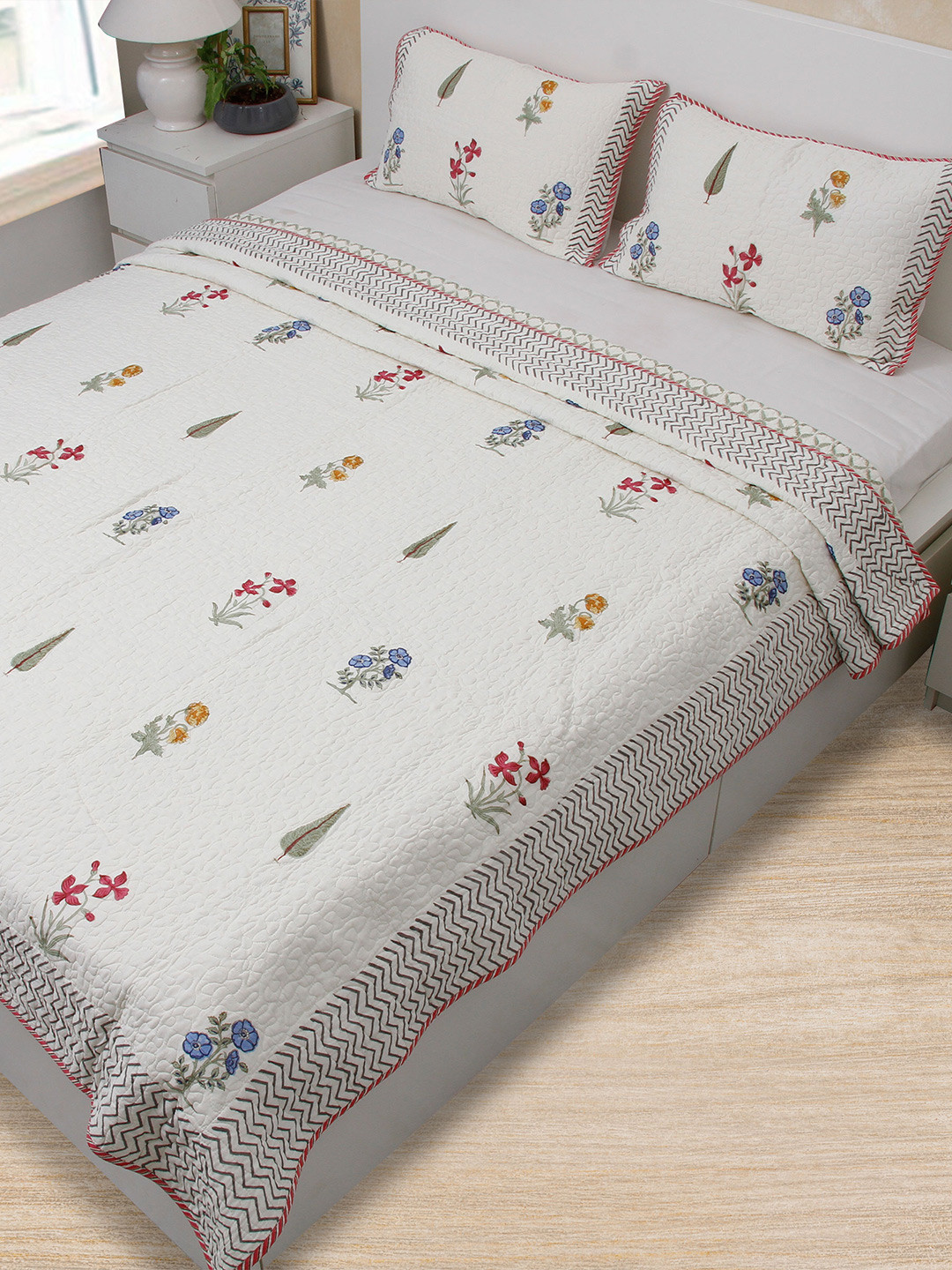 

COCOBEE HOME LINENS White 2 Pcs Printed 350 TC Cotton Quilted King Bed Cover