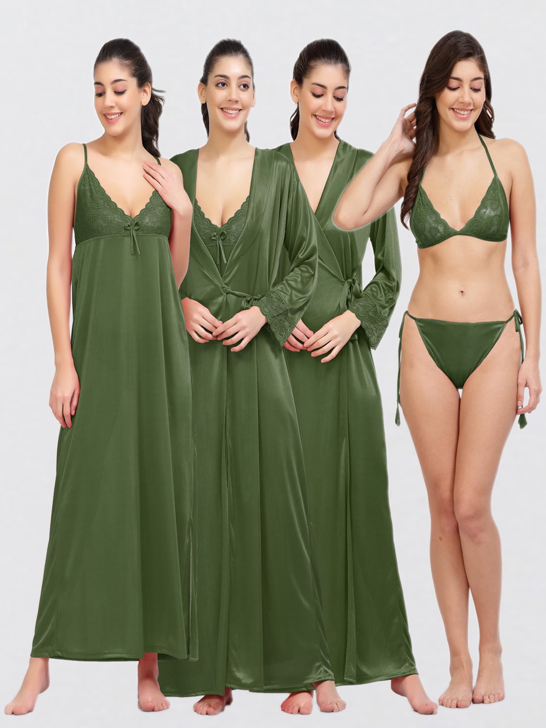 

NIGHT KEYS Pack Of 4 Lace Inserted Maxi Satin Nightdress With Robe & Lingerie Set, Green