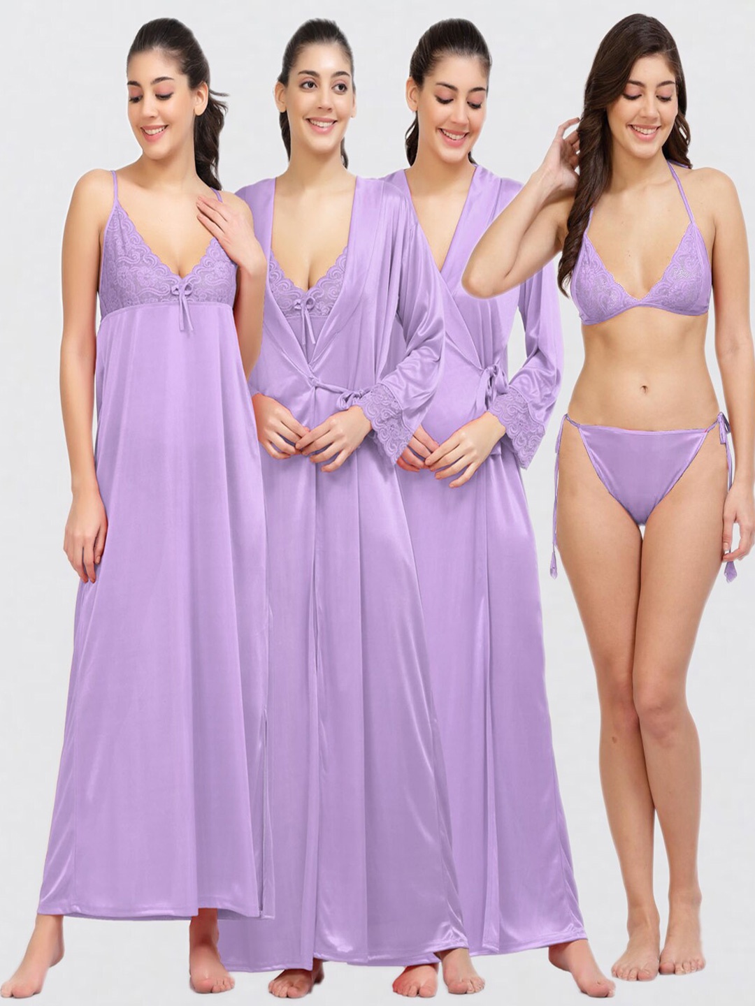 

NIGHT KEYS Pack Of 4 Satin Nightdress WIth Robe, Lavender