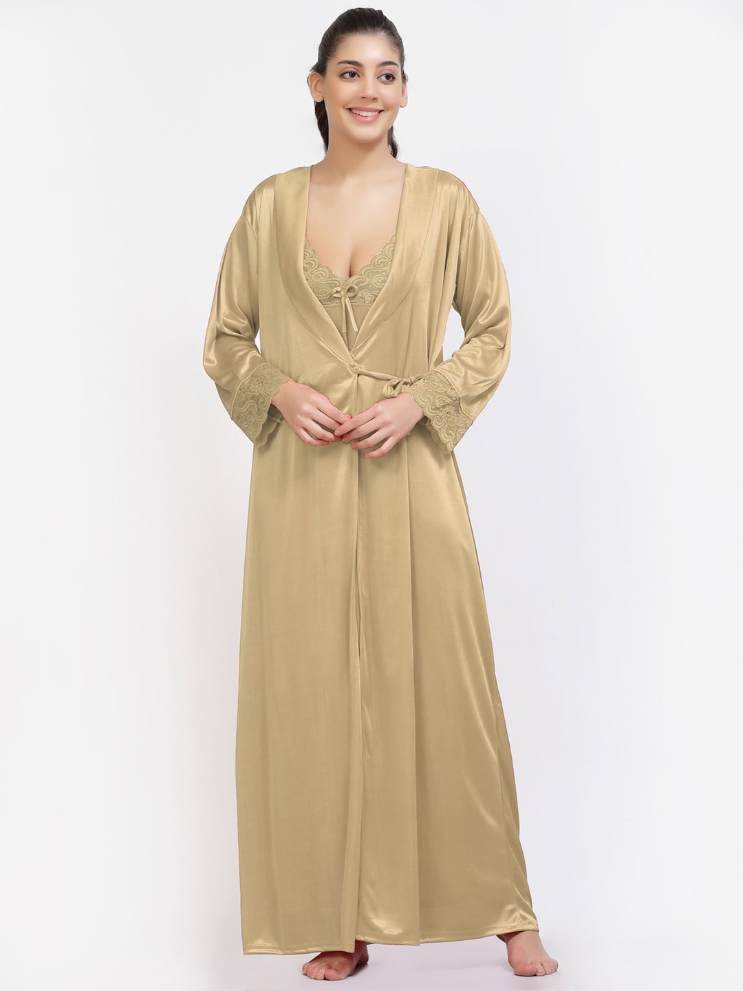 

NIGHT KEYS Pack Of 4 Satin Nightdress WIth Robe, Cream