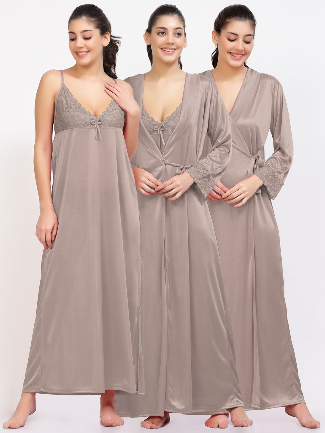 

NIGHT KEYS Pack Of 2 Satin Nightdress WIth Robe, Beige