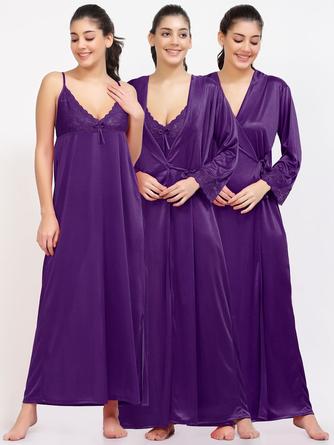 

NIGHT KEYS Pack Of 2 Satin Nightdress WIth Robe, Purple