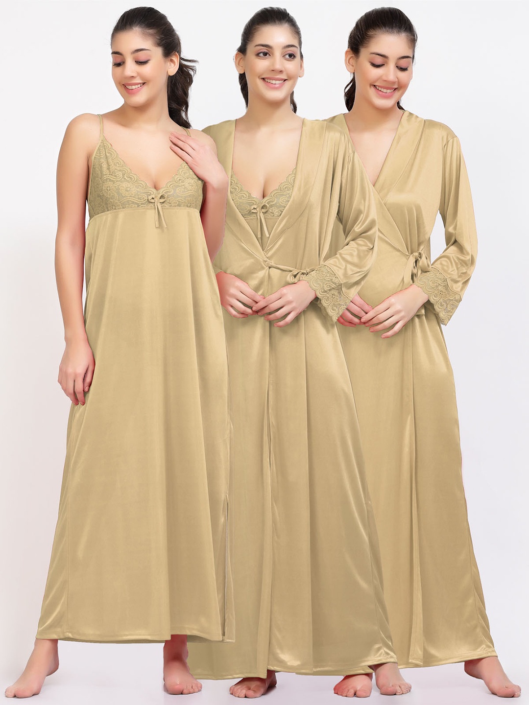 

NIGHT KEYS Pack Of 2 Satin Nightdress WIth Robe, Cream