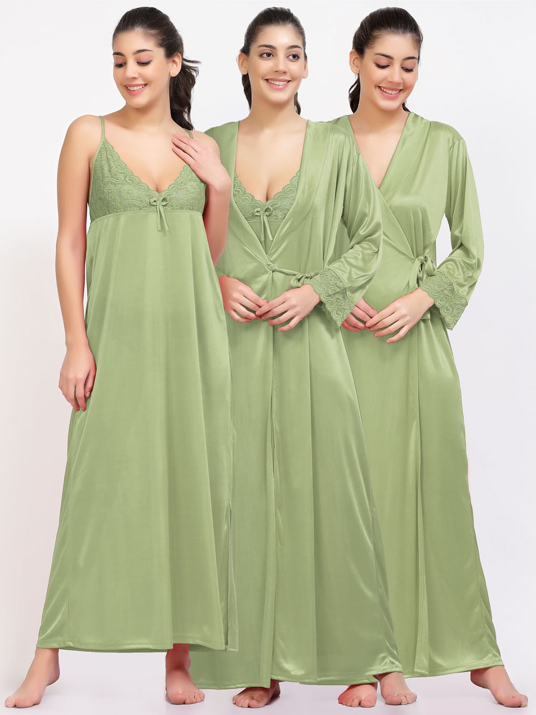 

NIGHT KEYS Pack Of 2 Satin Nightdress WIth Robe, Lime green