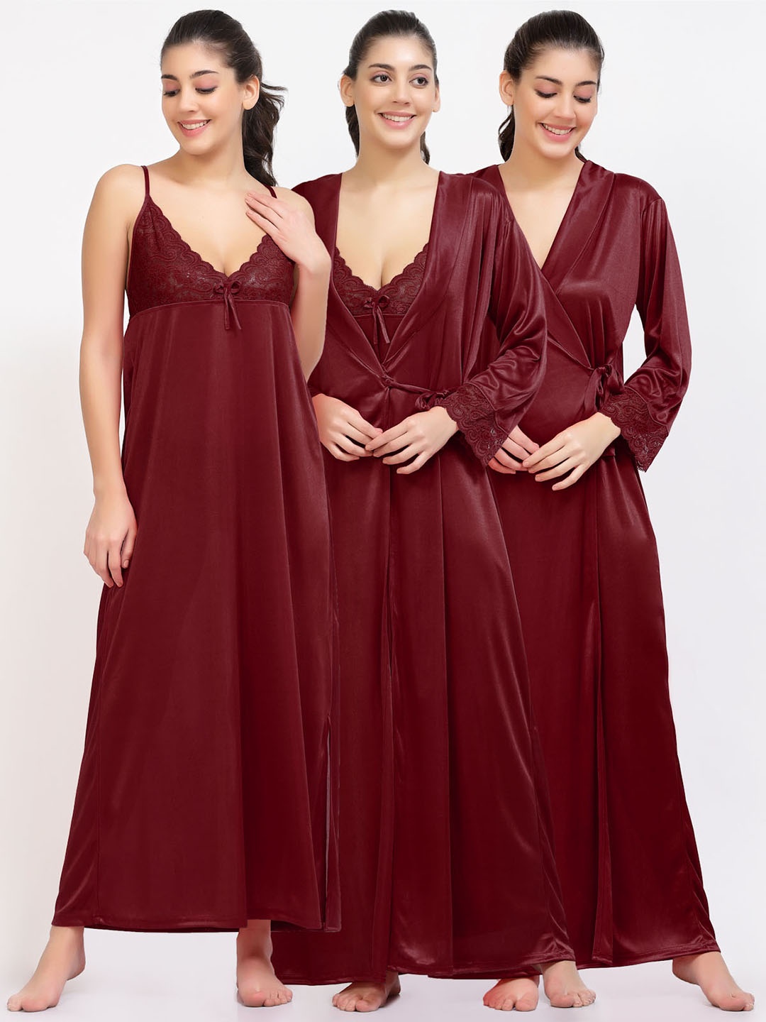 

NIGHT KEYS Pack Of 2 Satin Nightdress WIth Robe, Maroon