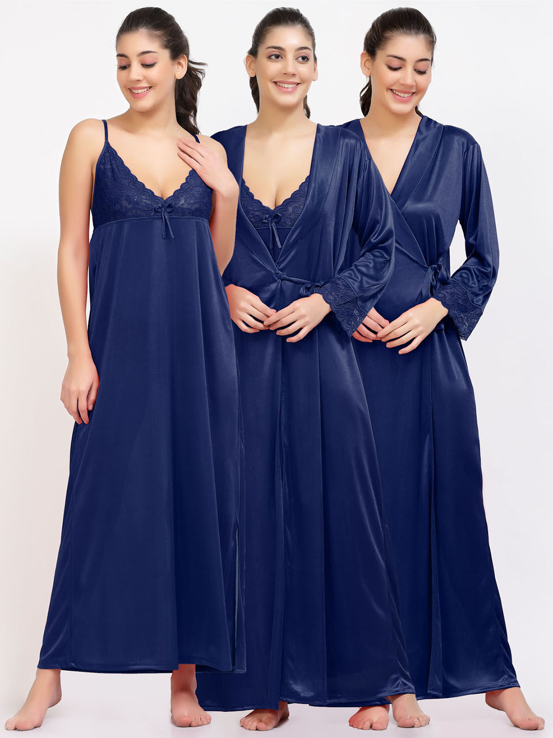 

NIGHT KEYS Lace Inserted Maxi Satin Nightdress With Robe, Navy blue