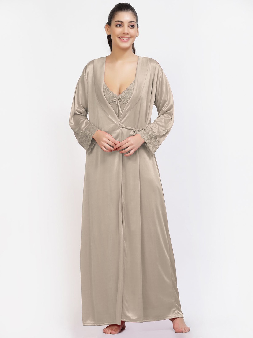 

NIGHT KEYS Pack Of 4 Satin Maxi Nightdress, Beige