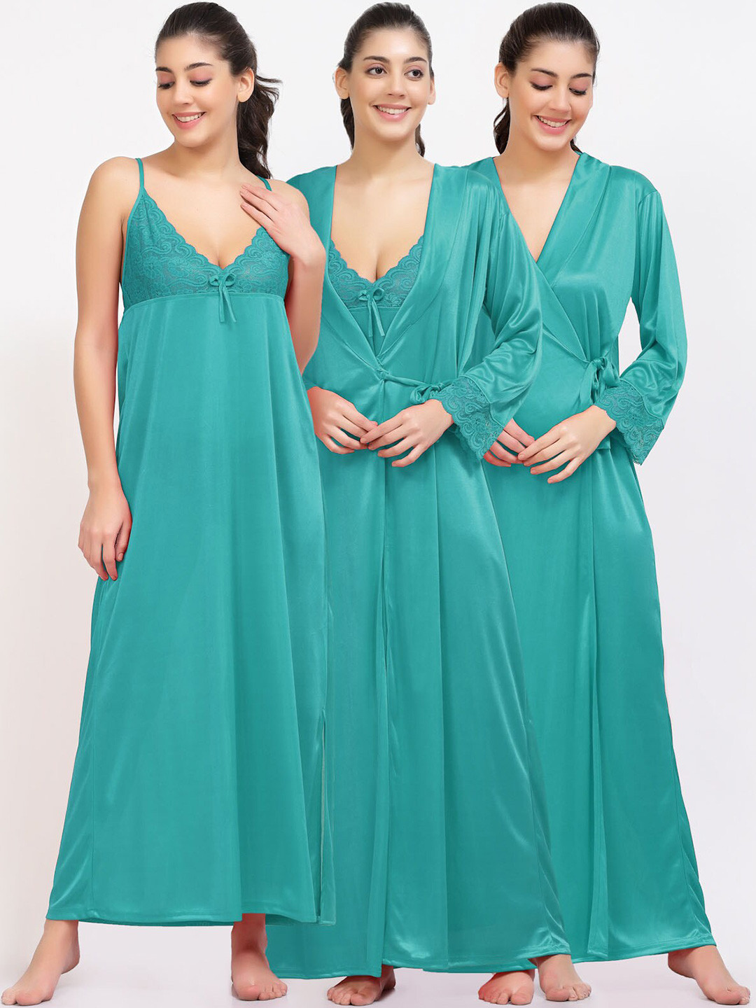 

NIGHT KEYS Pack Of 2 Shoulder Straps Satin Robe Maxi Nightdress, Sea green