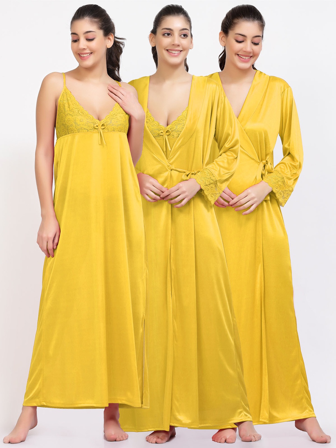 

NIGHT KEYS Lace Inserted Maxi Satin Nightdress With Robe, Yellow