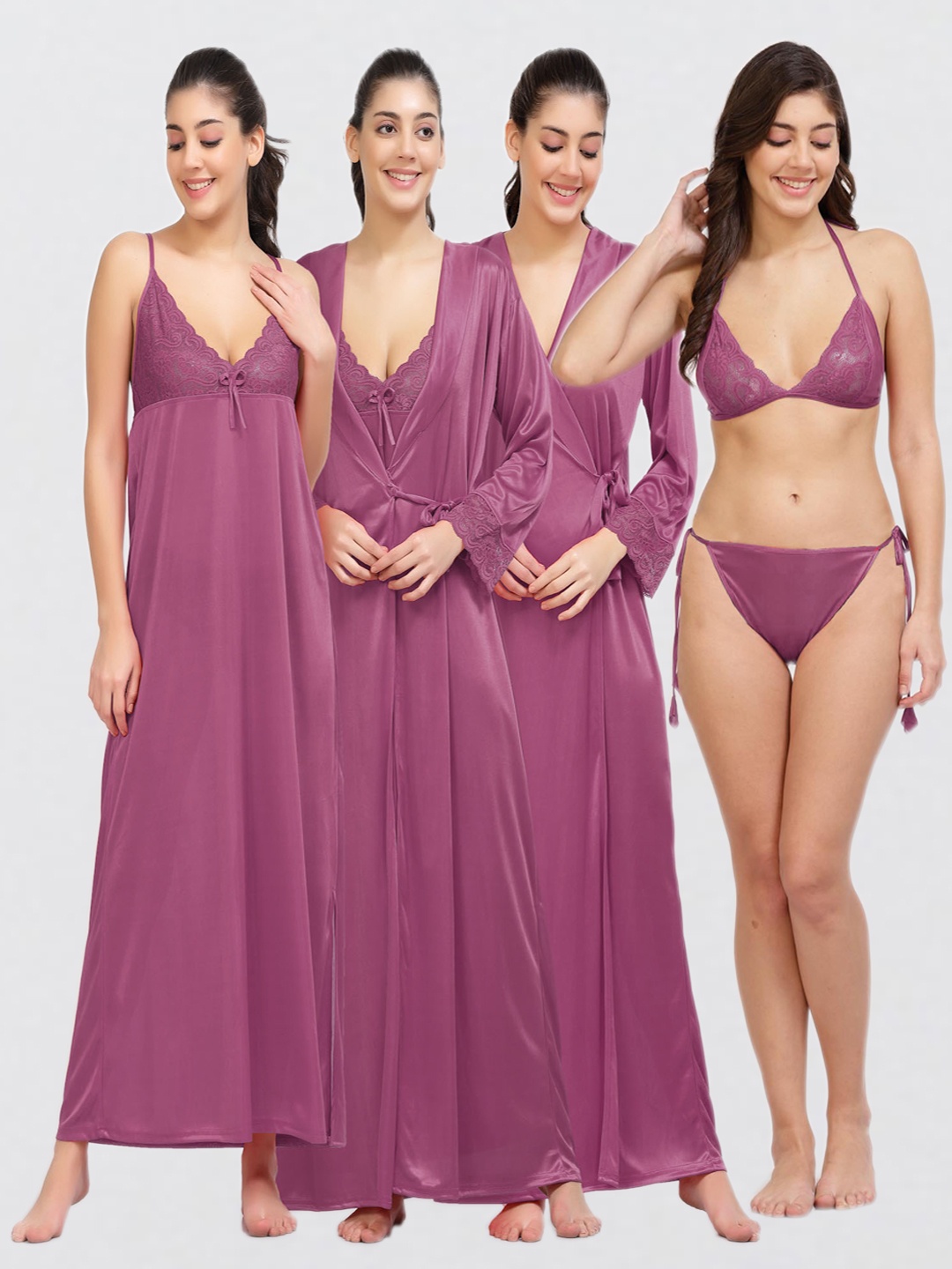 

NIGHT KEYS Pack Of 4 Lace Inserted Maxi Satin Nightdress With Robe & Lingerie Set, Purple