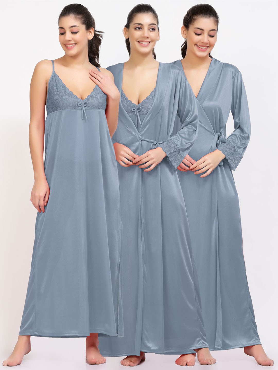 

NIGHT KEYS Pack Of 2 Shoulder Straps Satin Robe Maxi Nightdress, Grey
