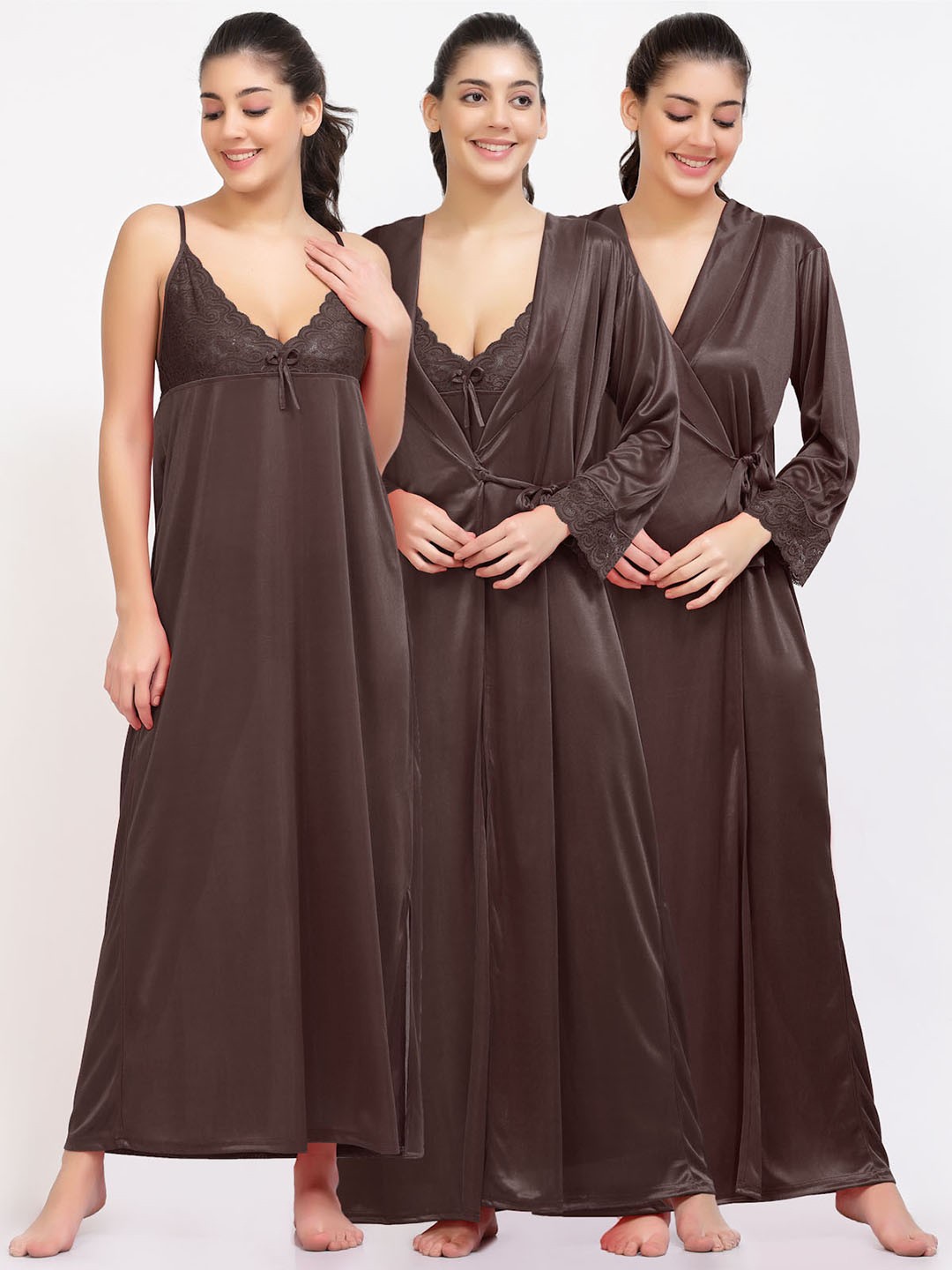 

NIGHT KEYS Pack Of 2 Shoulder Straps Satin Robe Maxi Nightdress, Brown