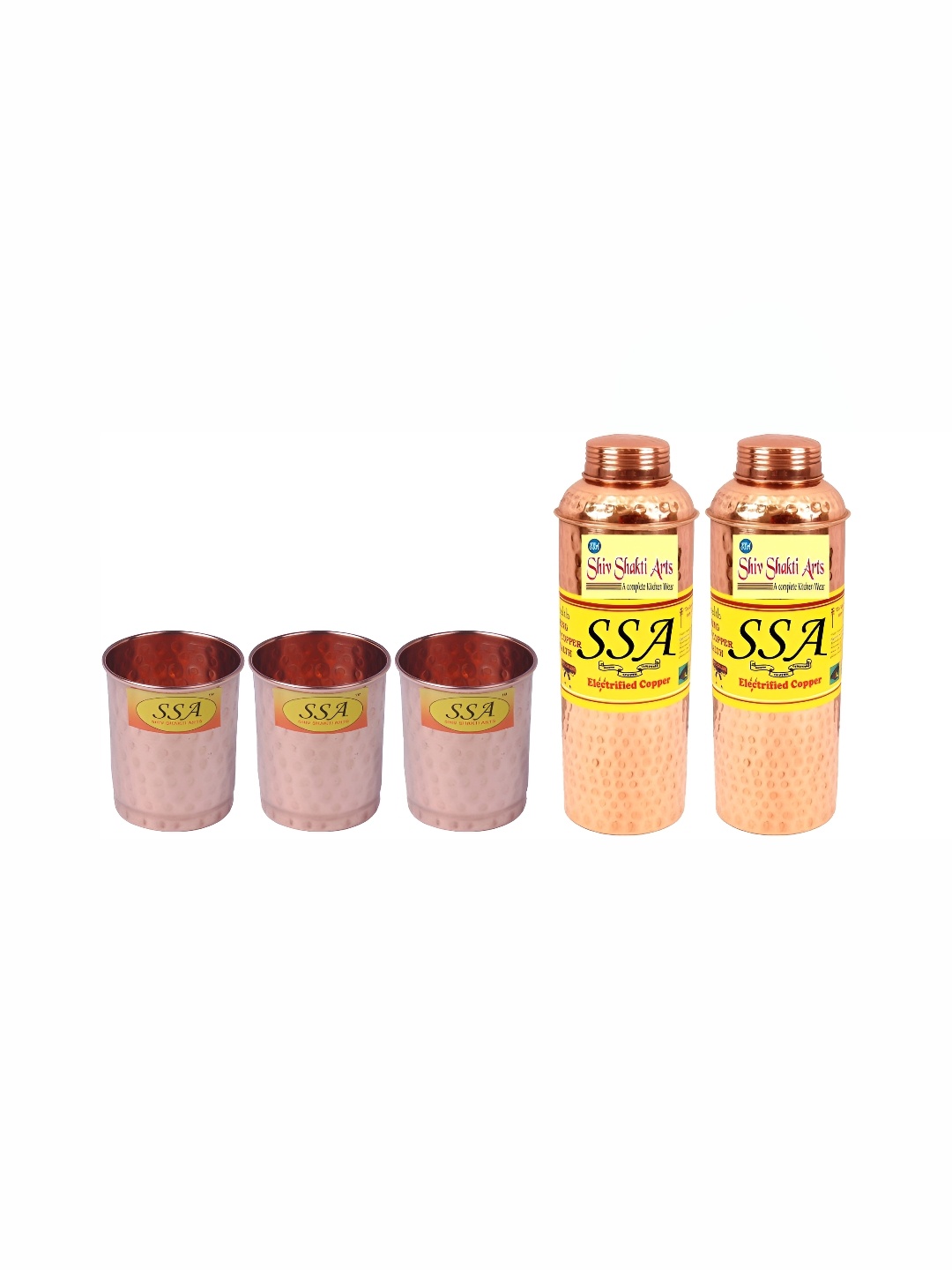 

Shivshakti Arts Copper Toned 5 Pieces Copper Solid Water Bottle with Glasses