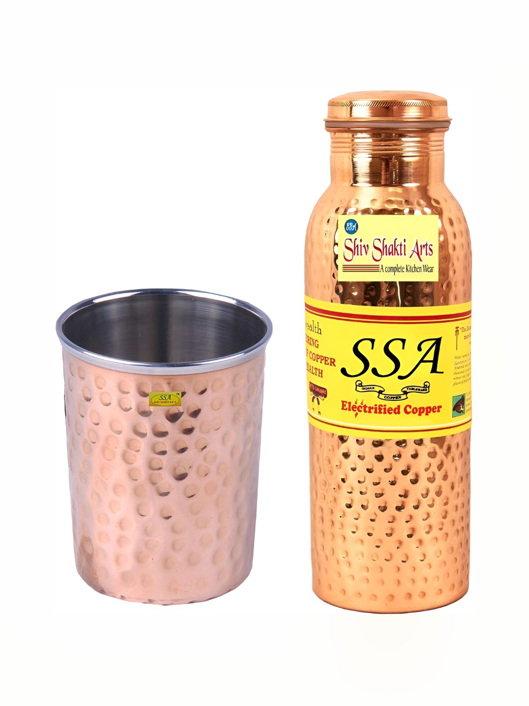 

Shivshakti Arts Brown 2 Pieces Textrured Copper Water Bottle With Glass 1.5 L