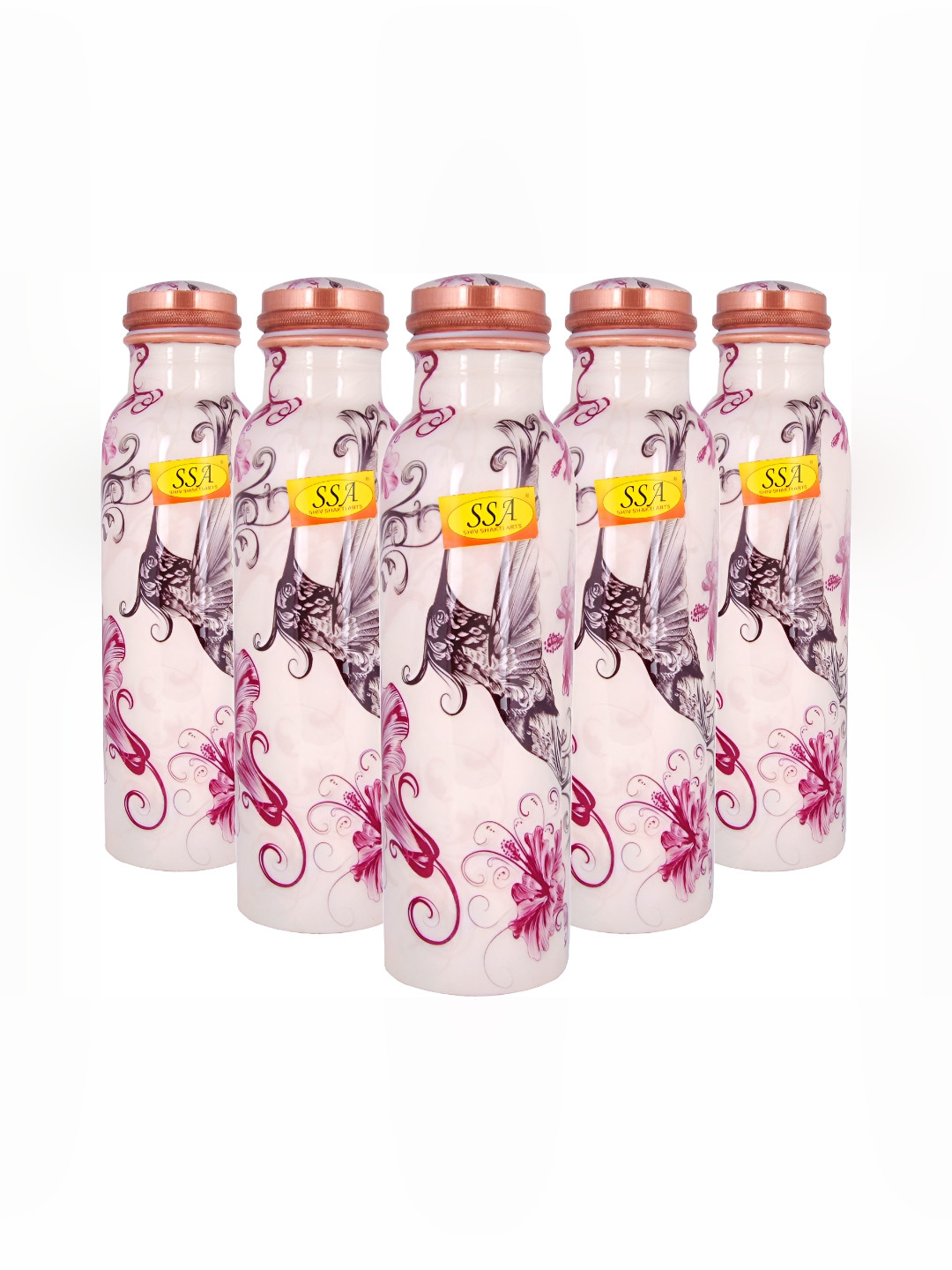 

Shivshakti Arts Off White & Pink 5 Pieces Floral Printed Copper Water Bottles 950 ML Each