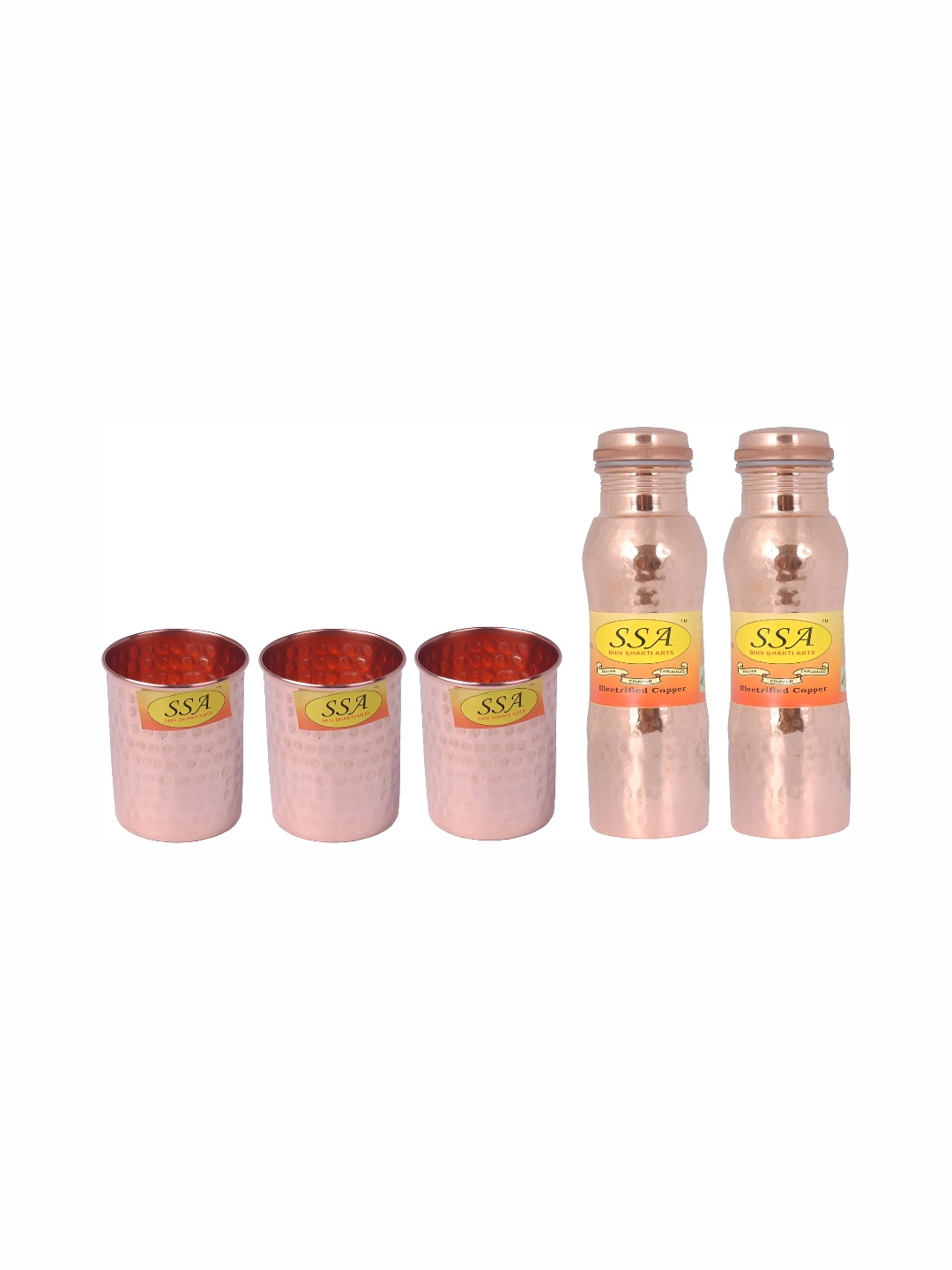 

Shivshakti Arts Copper-Toned 5 Pieces Textured Copper Water Bottles With Glass