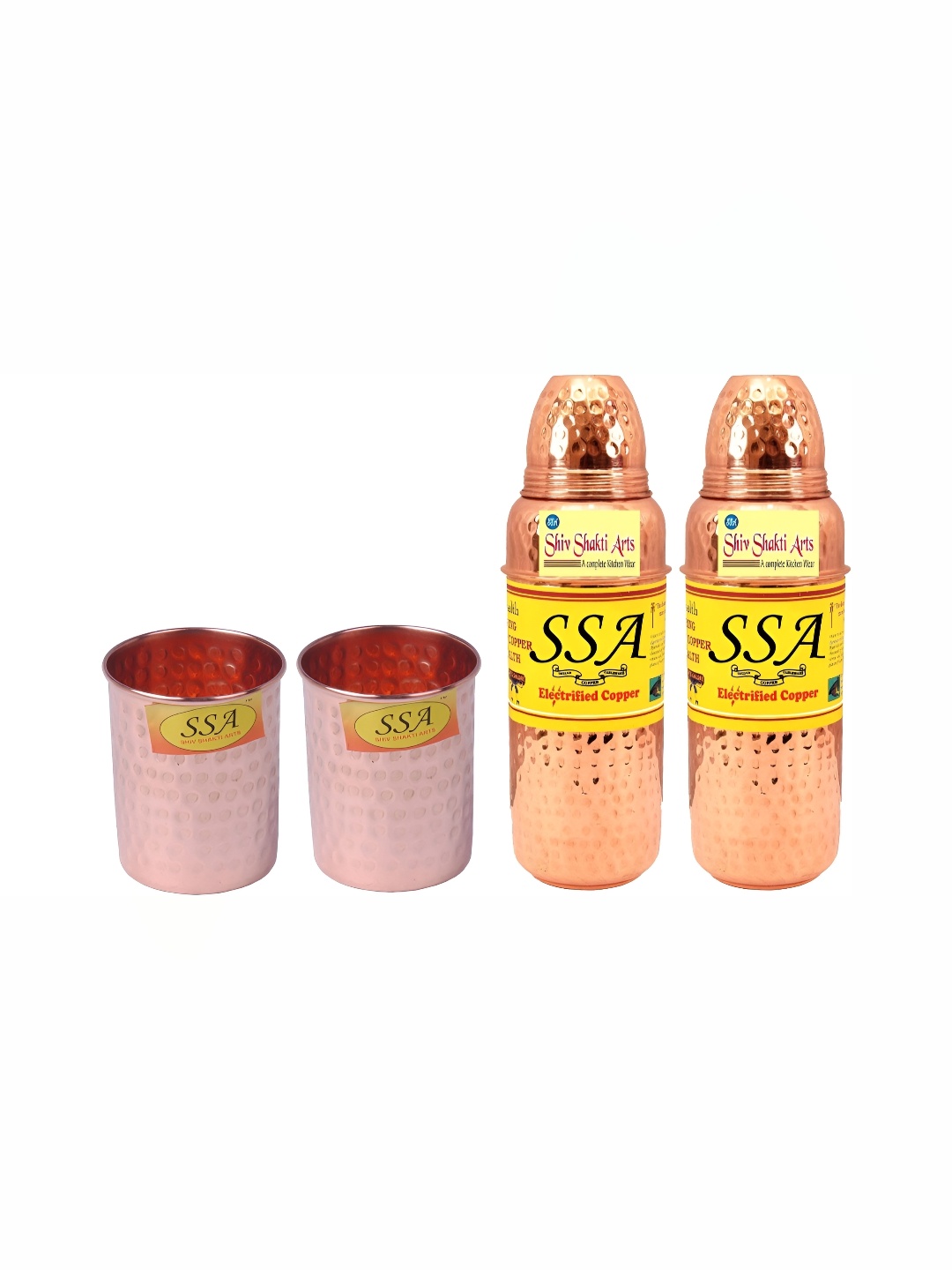 

Shivshakti Arts Copper-Toned 4 Pieces Textured Copper Water Bottles With Glass