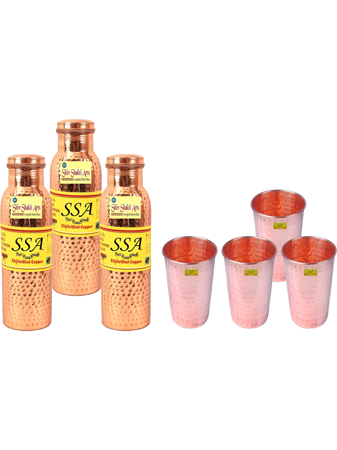 

Shivshakti Arts Copper-Toned 7 Pieces Textured Copper Water Bottles With Glass