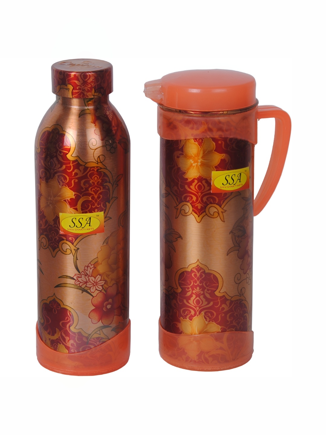 

Shivshakti Arts Brown & Red 2 Pieces Floral Printed Copper Water Bottle With Jug