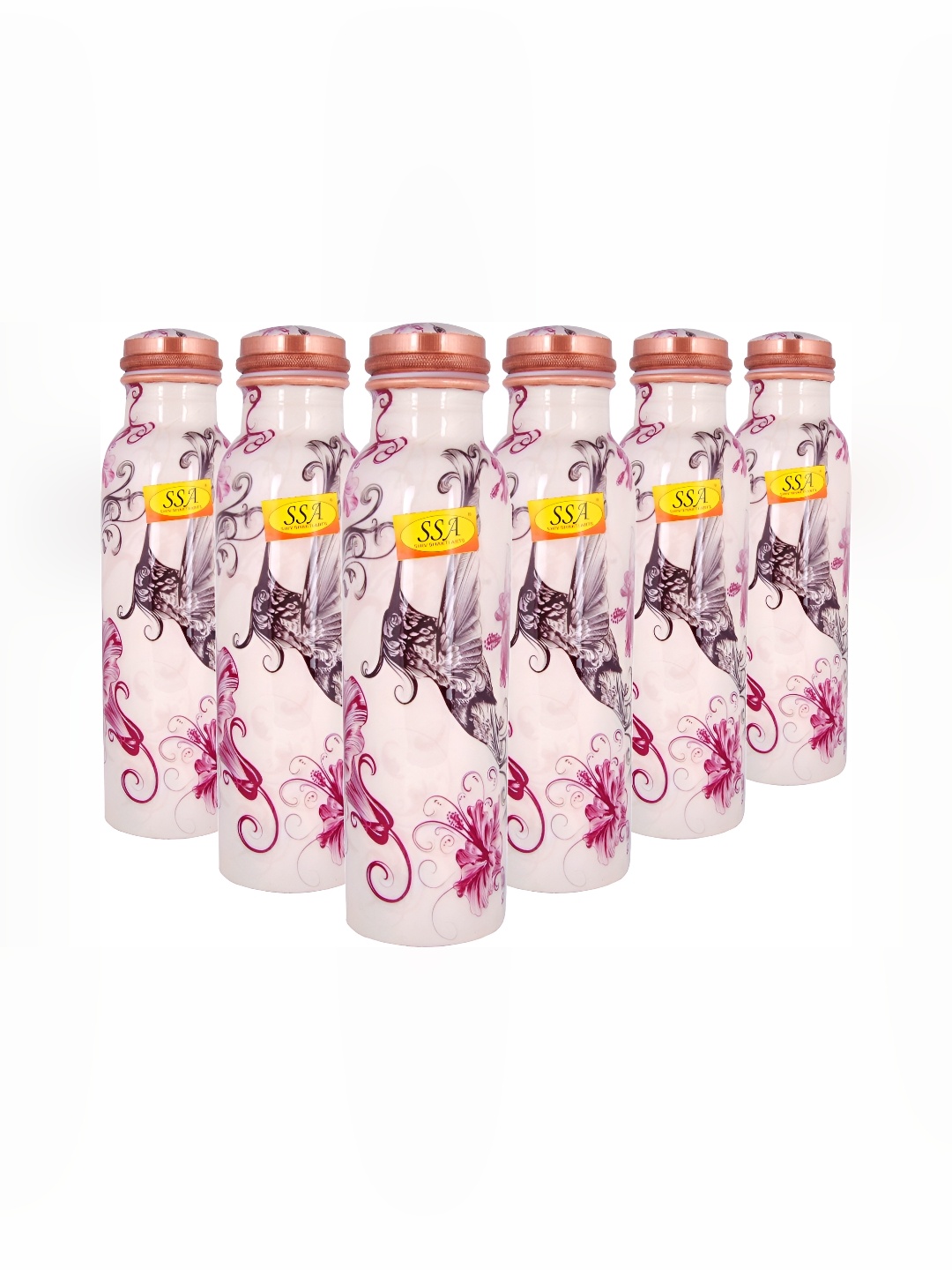 

Shivshakti Arts Pink & Purple 6 Pieces Floral Printed Copper Water Bottles 950 Ml