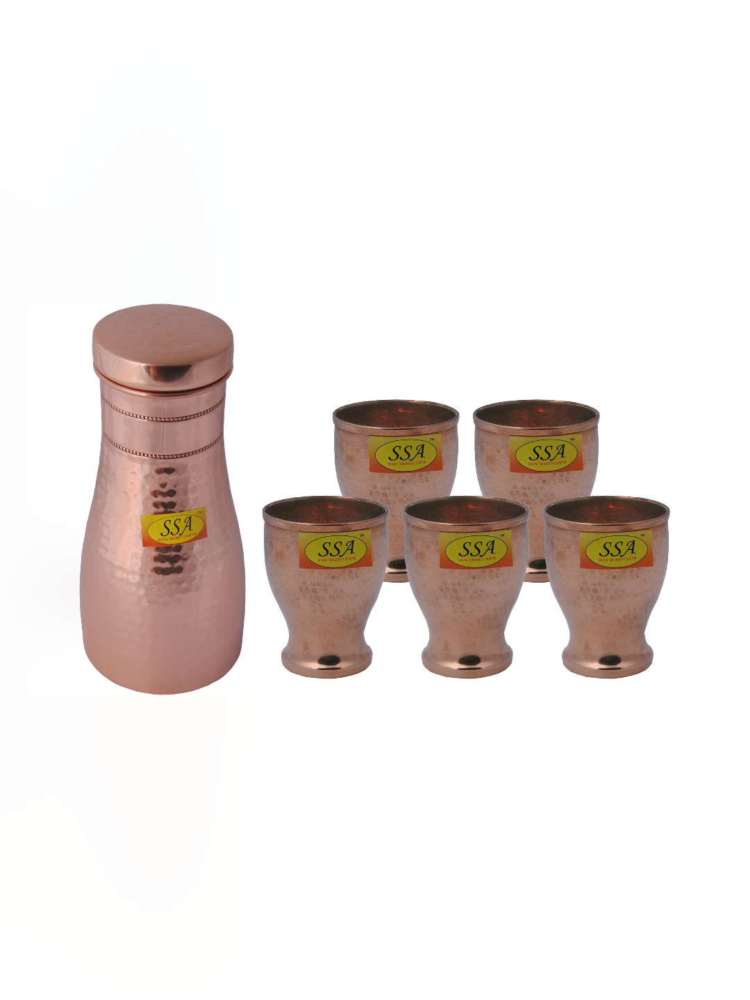 

Shivshakti Arts Copper Toned 6 Pieces Textured Copper Water Bottle With Glasses 1 L