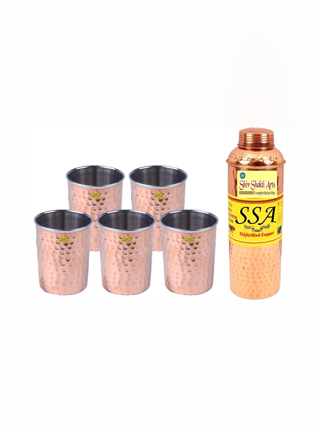 

Shivshakti Arts Copper Toned 6 Pieces Textured Copper Water Bottle With Glasses 800 ml