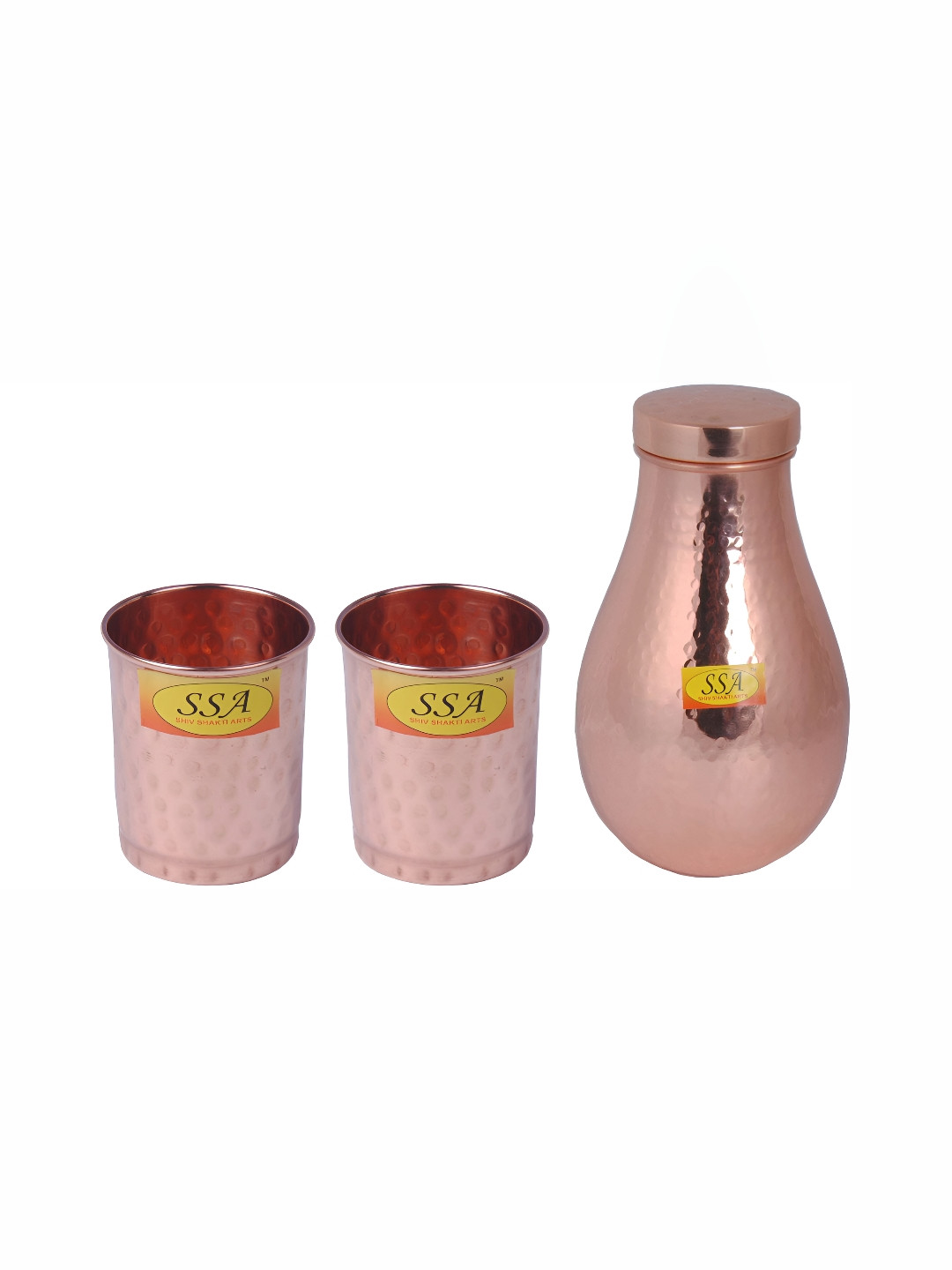 

Shivshakti Arts 3 Pieces Textured Copper Water Bottle With Glasses 1.2 L