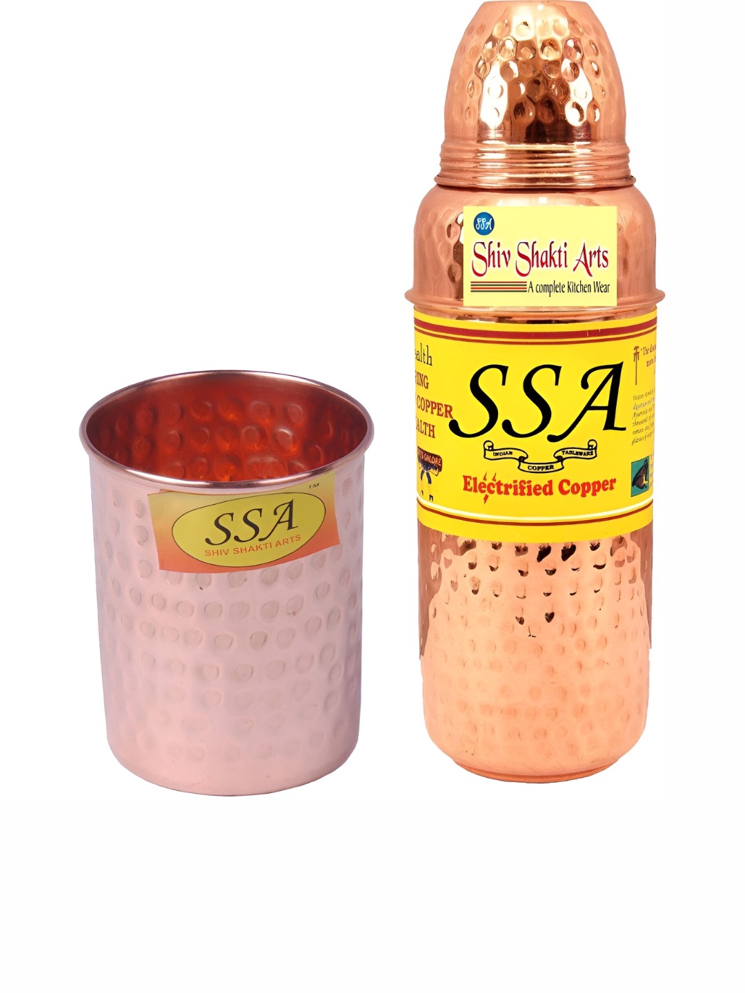 

Shivshakti Arts Brown 2 Pieces Textured Copper Water Bottle With Glasses 700 ml
