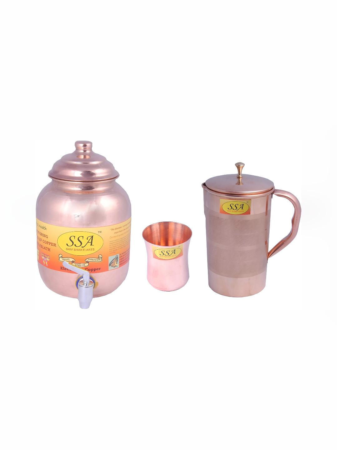 

Shivshakti Arts Copper Toned 3 Pieces Copper Water Pot & Glasses 2 Ltrs
