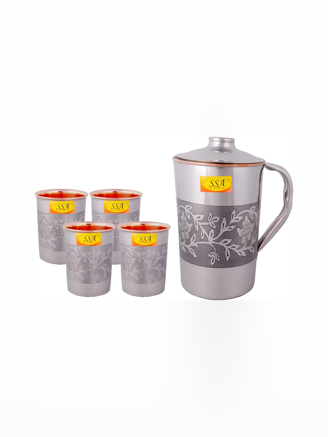 

Shivshakti Arts Silver-Toned 5 Pieces Copper Water Jug With Glasses