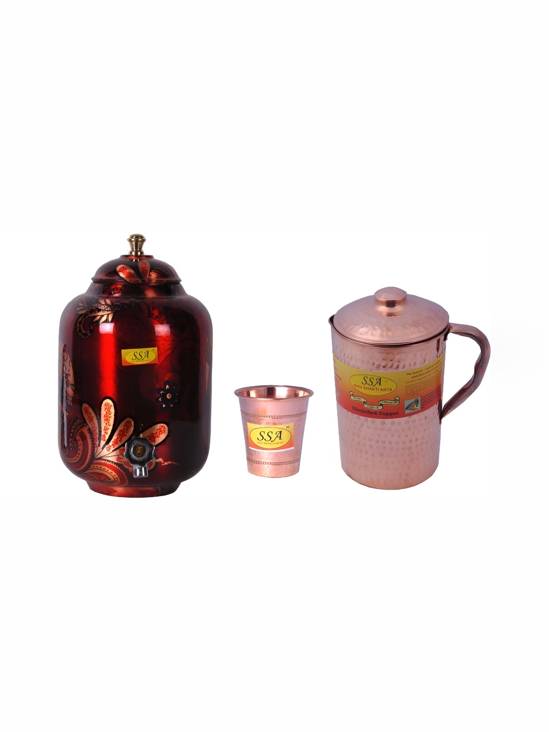 

Shivshakti Arts Red & Copper Toned 3 Pieces Copper Water Jugs & Glasses 5.5 Ltr