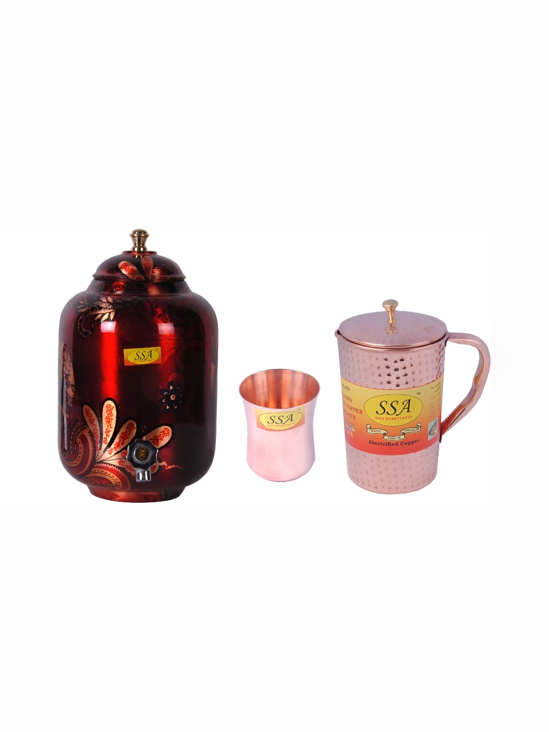 

Shivshakti Arts Copper Toned & Red 3 Pieces Copper Water Pot & Glasses 5.5 Ltrs
