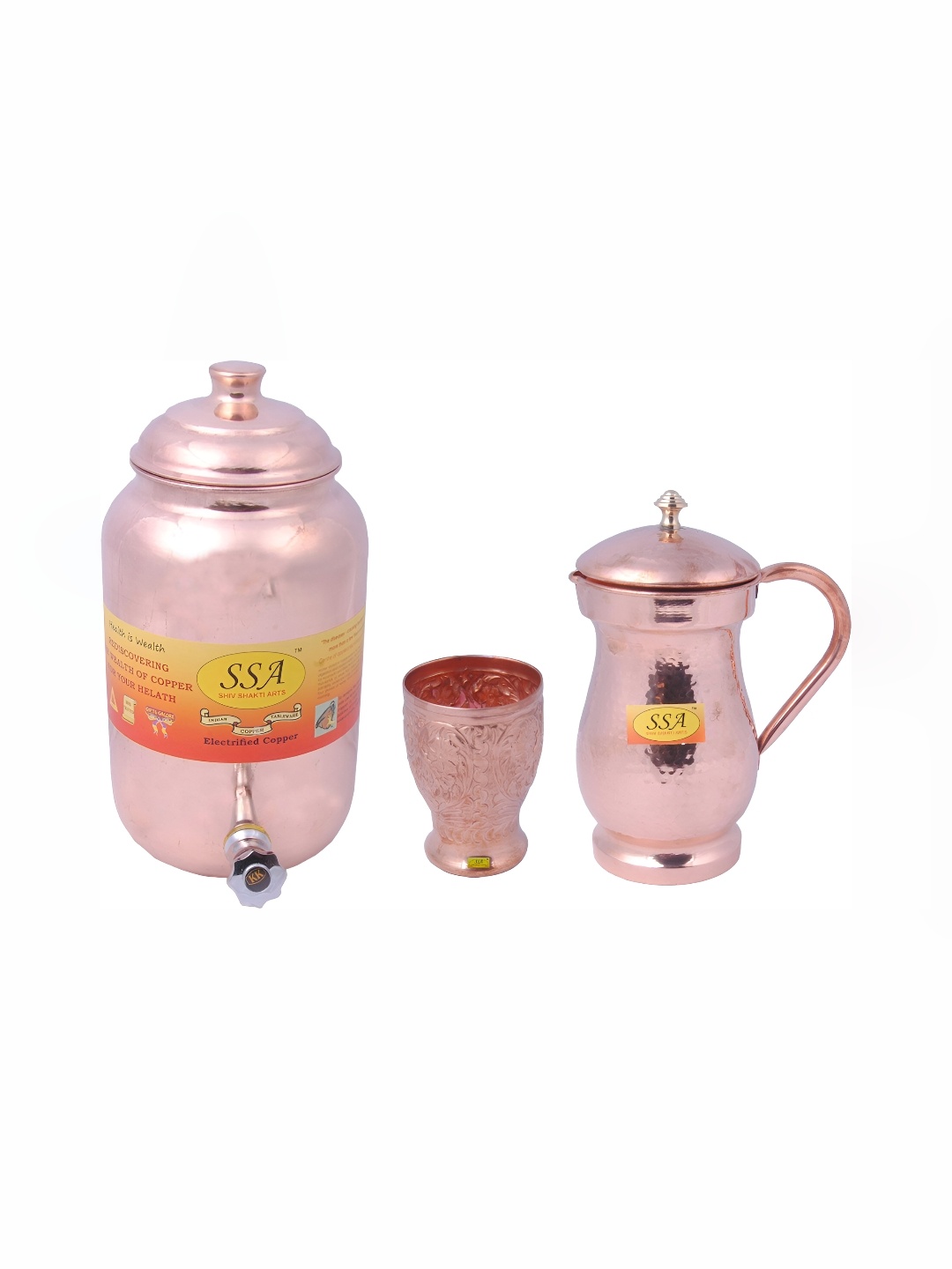 

Shivshakti Arts Brown and Yellow 3 Pieces Copper Jug & Glass Set Core