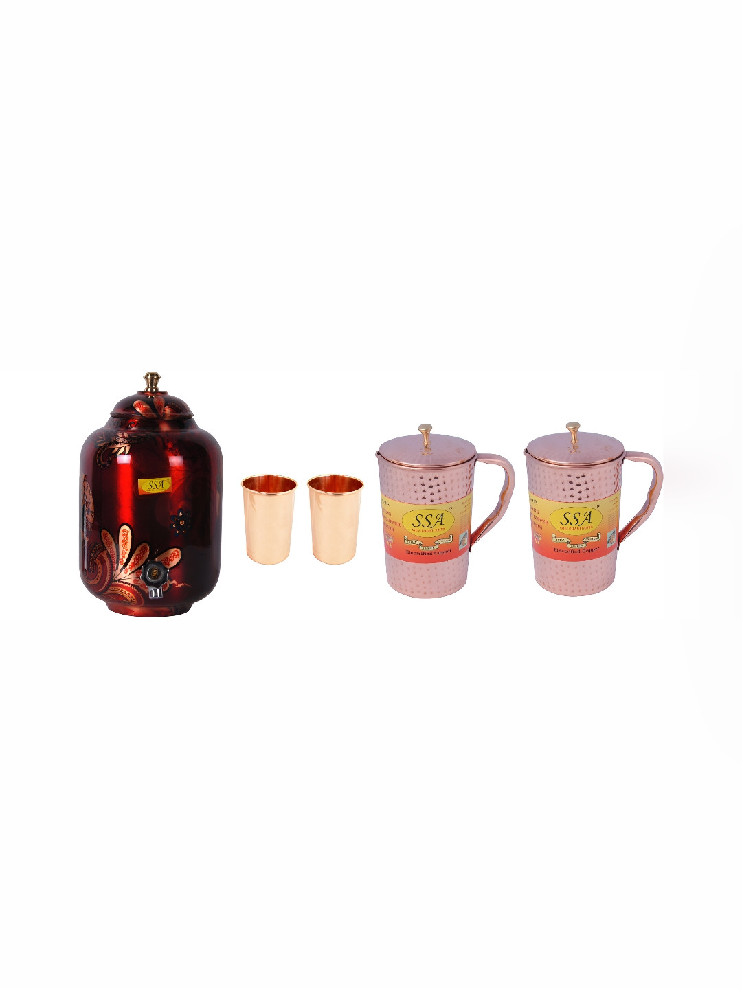 

Shivshakti Arts Red and Yellow 5 Pieces Copper Jug & Glass Set Core