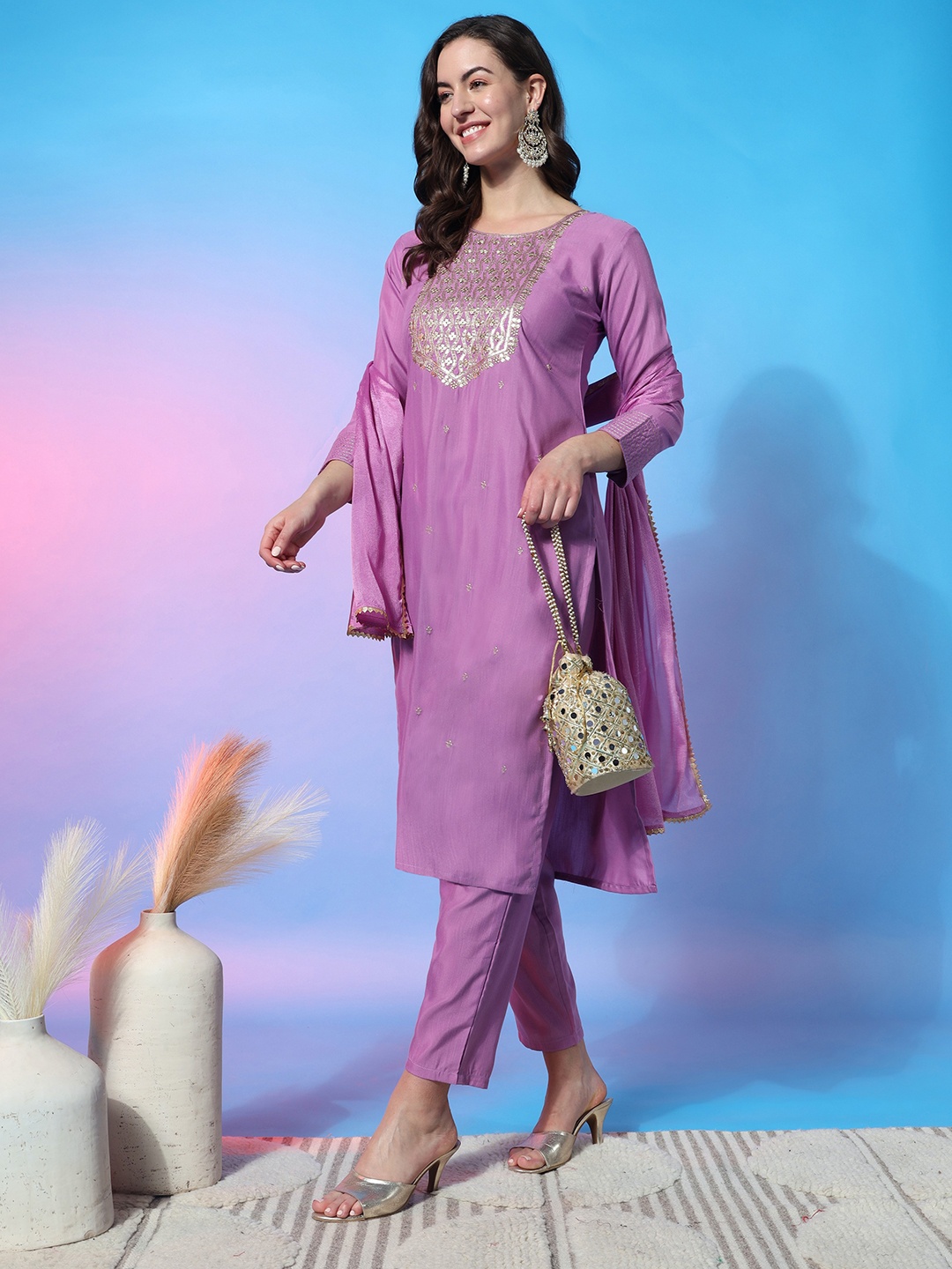 

KALINI Ethnic Embroidered Regular Sequinned Kurta with Trousers & Dupatta, Pink