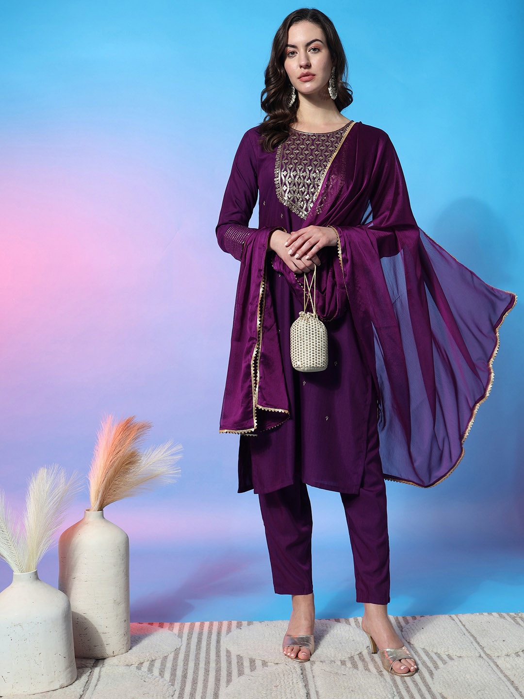 

KALINI Ethnic Embroidered Regular Sequinned Kurta with Trousers & Dupatta, Purple