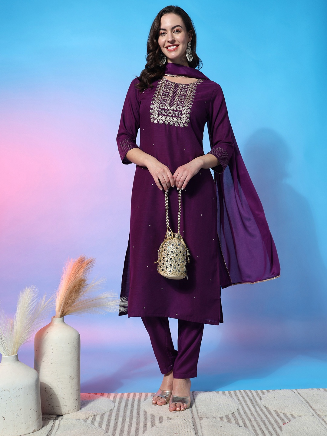 

KALINI Floral Embroidered Sequined Kurta with Trousers & Dupatta, Purple