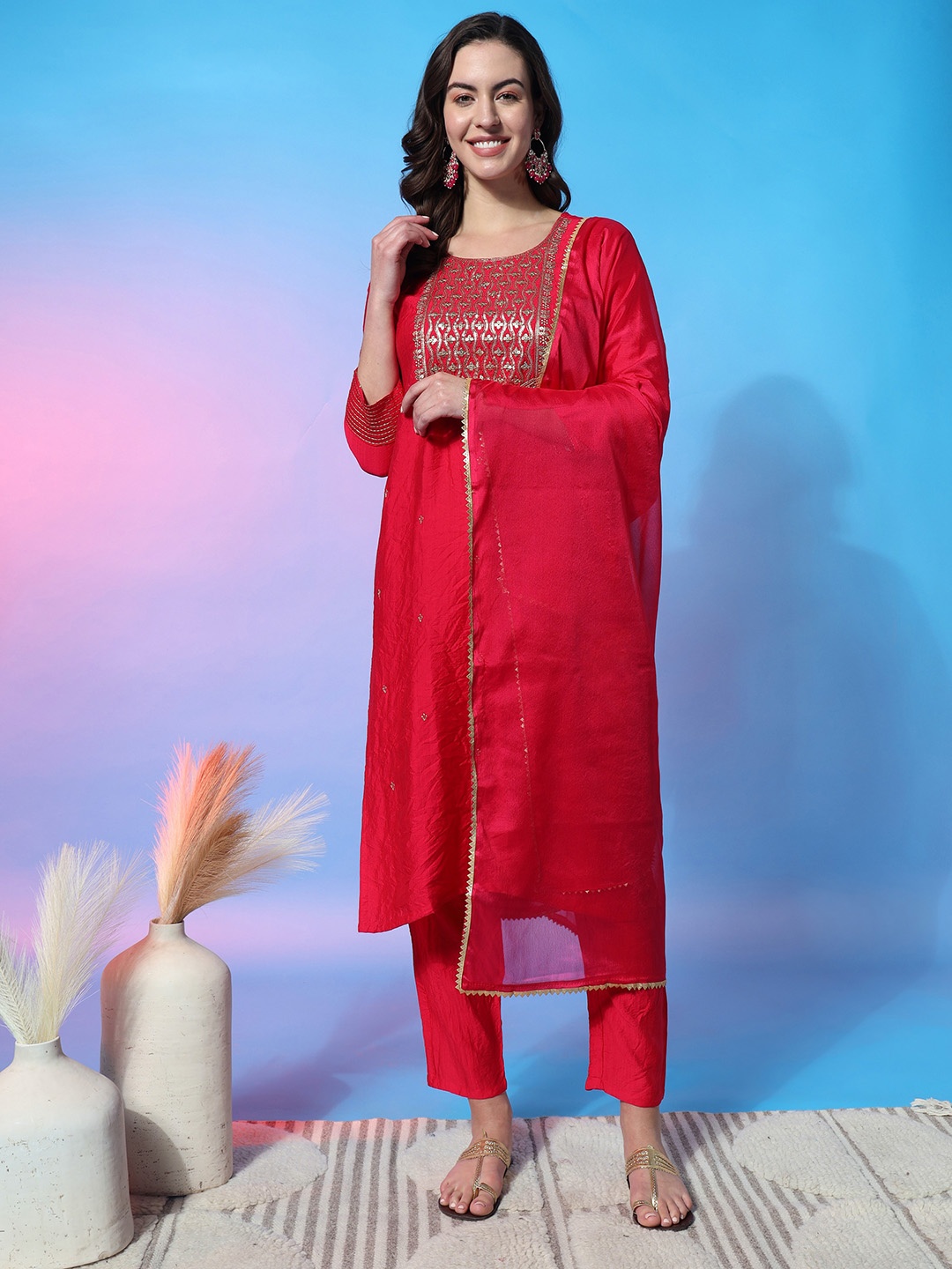 

KALINI Ethnic Motifs Yoke Design Sequinned Kurta with Trousers & Dupatta, Red