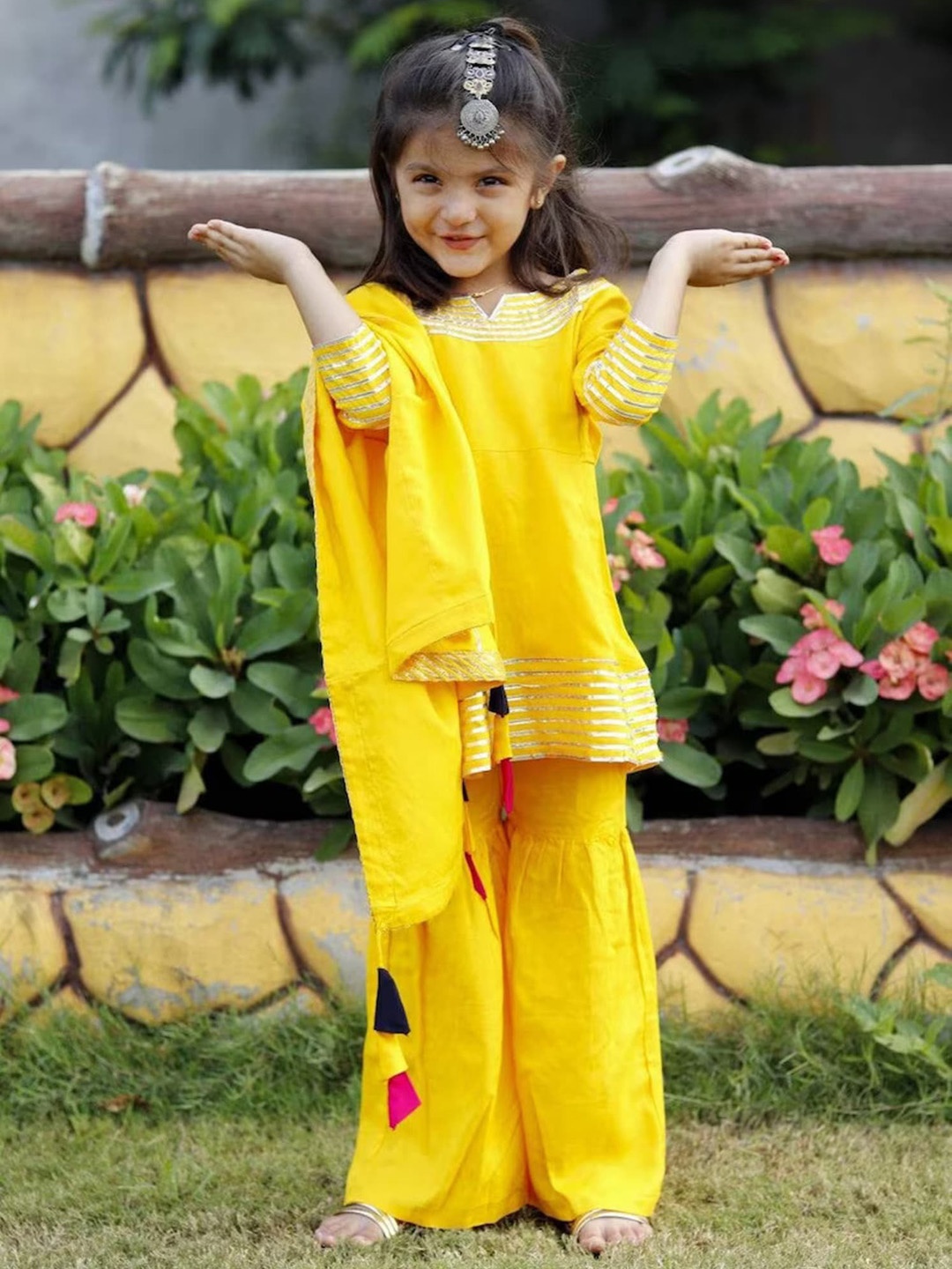 

BAESD Girls Embroidered Round Neck Gotta Patti Kurti with Pyjamas & With Dupatta, Yellow